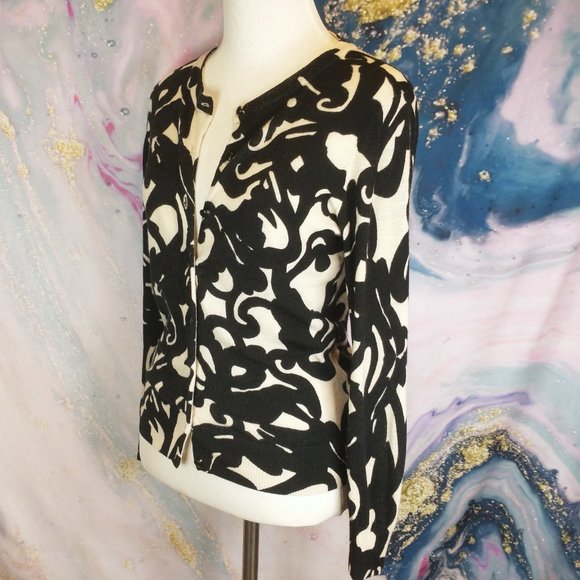 J. CREW off-white + black graphic swirly print Cashmere button Cardigan Sweater - Picture 2 of 11